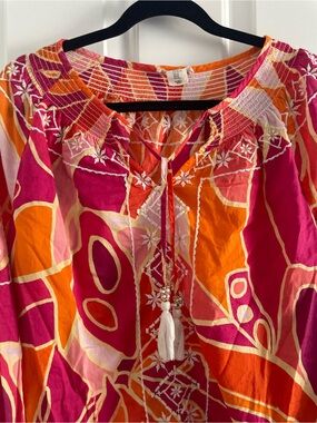 Christian Siriano Pink & Orange Printed Peasant Top with Tassel Tie